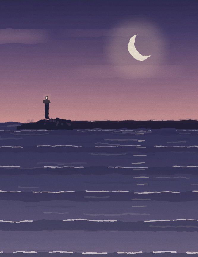초승달이 뜬 밤 방파제와 등대를 그린 원두 카드 그림